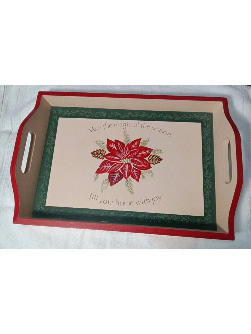 Vintage Retro Christmas Serving Tray Red Poinsettia Holiday Platter with Handles